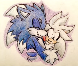 Size: 2770x2362 | Tagged: safe, artist:chazum, silver the hedgehog, sonic the hedgehog, 2017, beanbrows, cute, duo, eyes closed, fangs, gay, holding them, licking, licking face, shipping, shrunken pupils, sonabetes, sonilver, traditional media, wagging tail, were form, werehog