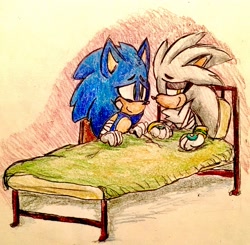 Size: 2255x2211 | Tagged: safe, artist:chazum, silver the hedgehog, sonic the hedgehog, sonic forces, 2017, alternate universe, bandage, bandaid, bed, chair, cute, duo, gay, injured, lidded eyes, looking at them, looking away, shipping, silvabetes, sitting, smile, sonabetes, sonilver, traditional media