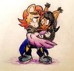 Size: 1963x1881 | Tagged: safe, artist:chazum, nicole the hololynx, sally acorn, 2017, carrying them, cute, duo, holding each other, lesbian, looking at each other, nicabetes, nicole x sally, sallabetes, shipping, smile, traditional media