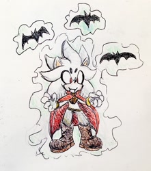 Size: 1130x1280 | Tagged: safe, artist:chazum, silver the hedgehog, bat, 2017, beanbrows, boots, cape, cute, fangs, flying, halloween, halloween outfit, literal animal, pants, psychokinesis, red eyes, silvabetes, solo, traditional media, vampire