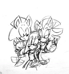 Size: 1193x1280 | Tagged: safe, artist:chazum, knuckles the echidna, shadow the hedgehog, sonic the hedgehog, 2017, beanbrows, cute, gay, holding them, knuxadow, knuxonadow, knuxonic, line art, polyamory, riding on shoulder, shadow x sonic, shipping, sketch, smile, traditional media, trio, wink