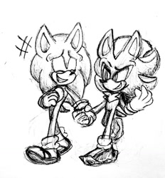 Size: 1190x1280 | Tagged: safe, artist:chazum, shadow the hedgehog, sonic the hedgehog, 2017, duo, eyes closed, gay, holding hands, laughing, line art, looking at them, shadow x sonic, shipping, smile, traditional media, walking