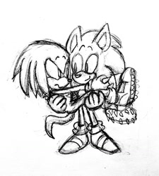 Size: 1152x1280 | Tagged: safe, artist:chazum, knuckles the echidna, sonic the hedgehog, 2017, carrying them, cute, duo, frown, gay, knucklebetes, knuxonic, line art, looking at each other, shipping, sketch, smile, sonabetes, standing