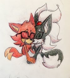 Size: 1145x1280 | Tagged: safe, artist:chazum, gadget the wolf, infinite the jackal, sonic forces, 2017, beanbrows, cute, duo, eyes closed, gadgebetes, gay, gloves off, holding hands, infinibetes, rookinite, shipping, smile, traditional media