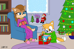 Size: 1280x853 | Tagged: safe, artist:laguns89, miles "tails" prower, rosemary prower, christmas, christmas tree, present