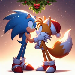 Size: 1024x1024 | Tagged: safe, ai art, miles "tails" prower, sonic the hedgehog, 2023, christmas hat, duo, gay, hand on another's face, looking at each other, prompter:foxdelfi, shipping, smile, snow, snowing, sonic x tails, standing