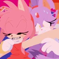 Size: 736x736 | Tagged: safe, artist:b1rxx.ames, amy rose, blaze the cat, cat, hedgehog, 2023, amy x blaze, amy's halterneck dress, bisexual pride, blaze's tailcoat, blushing, cute, eyes closed, female, females only, lesbian, lesbian pride, pride, shipping