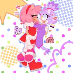 Size: 1080x1080 | Tagged: safe, artist:sluchiroarchive, amy rose, blaze the cat, cat, hedgehog, 2022, amy x blaze, amy's halterneck dress, blaze's tailcoat, carrying them, cute, eyes closed, female, females only, lesbian, lesbian pride, looking at each other, mouth open, nonbinary, nonbinary pride, pride, shipping, trans female, trans pride, transgender
