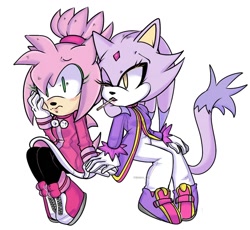 Size: 1080x994 | Tagged: safe, artist:domax_02_, amy rose, blaze the cat, cat, hedgehog, 2022, amy x blaze, cute, female, females only, hand on cheek, holding hands, lesbian, mario & sonic at the olympic games, one eye closed, pocky (food), shipping