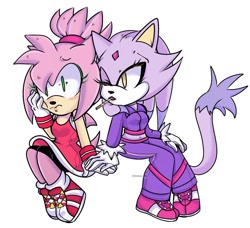 Size: 1080x983 | Tagged: safe, artist:domax_02_, amy rose, blaze the cat, cat, hedgehog, 2022, alternate version, amy x blaze, cute, female, females only, hand on cheek, holding hands, lesbian, mario & sonic at the olympic games, one eye closed, pocky (food), shipping