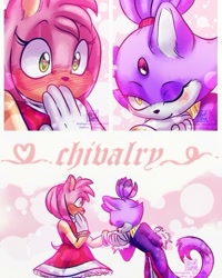 Size: 495x619 | Tagged: safe, artist:judraw9, amy rose, blaze the cat, cat, hedgehog, 2020, amy x blaze, amy's halterneck dress, blaze's tailcoat, blushing, cute, female, females only, hand behind back, kiss on hand, lesbian, looking at each other, one eye closed, shipping