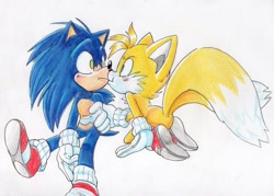 Size: 1449x1035 | Tagged: safe, artist:marty_jade23, miles "tails" prower, sonic the hedgehog, 2022, blushing, duo, gay, kiss, kneeling, looking at each other, shipping, sitting, sonic x tails, traditional media