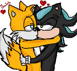 Size: 695x637 | Tagged: safe, artist:miraletoo, mephiles the dark, miles "tails" prower, 2016, crack shipping, duo, gay, heart, holding each other, kiss, lidded eyes, looking at each other, mephails, signature, simple background, white background