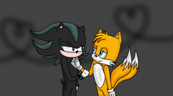Size: 960x539 | Tagged: safe, artist:miraletoo, mephiles the dark, miles "tails" prower, 2016, abstract background, crack shipping, duo, gay, hand on chest, heart, holding another's arm, lidded eyes, looking at them, mephails, standing