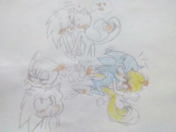 Size: 600x450 | Tagged: safe, artist:kirsa-w, miles "tails" prower, sonic the hedgehog, 2017, blushing, blushing ears, cute, duo, gay, heart, heart tail, kiss on cheek, pencilwork, shipping, sonic x tails, traditional media
