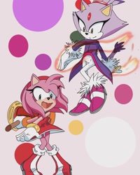 Size: 1080x1350 | Tagged: safe, artist:__itsjustkt8, amy rose, blaze the cat, cat, hedgehog, 2023, amy x blaze, amy's halterneck dress, blaze's tailcoat, cute, female, females only, flame, lesbian, looking at them, looking at viewer, mouth open, piko piko hammer, shipping