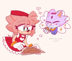 Size: 1080x925 | Tagged: safe, artist:silver_varian, amy rose, blaze the cat, cat, hedgehog, 2023, amy x blaze, blaze's tailcoat, cookie, cute, eating, female, females only, heart, lesbian, shipping, sparkles
