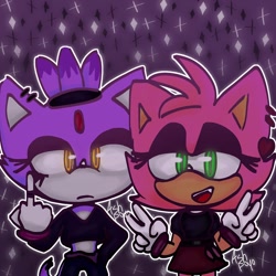 Size: 900x900 | Tagged: safe, artist:ash_poyo, amy rose, blaze the cat, cat, hedgehog, 2022, amy x blaze, female, females only, lesbian, looking at viewer, middle finger, peace sign, shipping