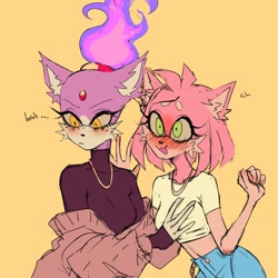 Size: 1080x1080 | Tagged: suggestive, artist:lolseagie, amy rose, blaze the cat, cat, hedgehog, 2021, amy x blaze, blushing, cute, female, females only, hand on breast, lesbian, looking at them, shipping