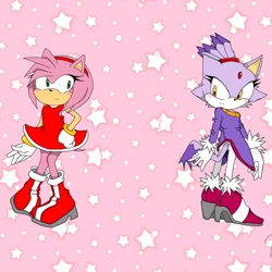 Size: 1080x1080 | Tagged: safe, artist:nyxiedraws04, amy rose, blaze the cat, cat, hedgehog, 2023, amy x blaze, amy's halterneck dress, blaze's tailcoat, cute, female, females only, lesbian, looking back at them, shipping, star (symbol)
