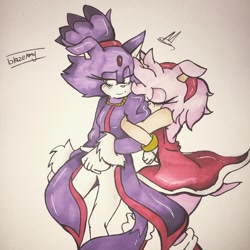 Size: 1080x1080 | Tagged: safe, artist:_mayonaka_, amy rose, blaze the cat, cat, hedgehog, 2017, amy x blaze, amy's halterneck dress, blaze's tailcoat, cute, eyes closed, female, females only, holding arm, lesbian, shipping, traditional media