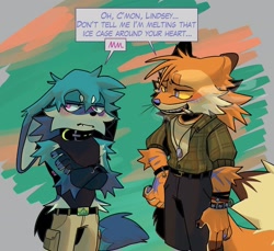 Size: 2048x1873 | Tagged: safe, artist:rapid-street, kit the fennec, miles "tails" prower, abstract background, alternate universe, cigarette, clothes, dialogue, duo, english text, frown, gay, kitails, looking at them, older, shipping, smoking, speech bubble, standing, yellow sclera