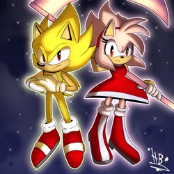 Size: 1668x1668 | Tagged: safe, artist:buddyhyped, amy rose, sonic the hedgehog, super sonic, super amy, super form