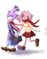 Size: 1080x1350 | Tagged: safe, artist:quint_doodles, amy rose, blaze the cat, cat, hedgehog, 2021, amy x blaze, cute, eyes closed, female, females only, holding hands, lesbian, looking at viewer, mouth open, shipping