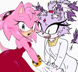 Size: 740x683 | Tagged: safe, artist:lemonlavendrr, amy rose, blaze the cat, cat, hedgehog, 2023, amy x blaze, amy's halterneck dress, blaze's tailcoat, cute, female, females only, lesbian, looking at viewer, mouth open, shipping, sketch