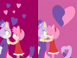 Size: 4000x3000 | Tagged: safe, artist:sunoluno_, amy rose, blaze the cat, cat, hedgehog, 2023, amy x blaze, amy's halterneck dress, blaze's tailcoat, blushing, cute, eyes closed, female, females only, hearts, kiss, lesbian, looking at each other, pinning them, shipping