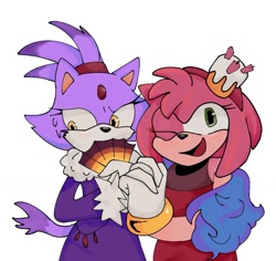 Size: 1080x1021 | Tagged: safe, artist:mantequilla123o, amy rose, blaze the cat, cat, hedgehog, the murder of sonic the hedgehog, 2023, amy x blaze, blaze's industrial dress, cute, dress, female, females only, holding hands, lesbian, mouth open, one eye closed, shipping, sweatdrop