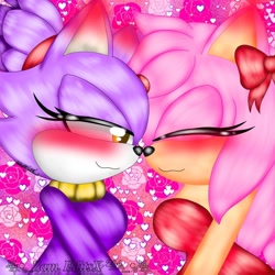 Size: 736x736 | Tagged: safe, artist:zam_kawaii_204, amy rose, blaze the cat, cat, hedgehog, 2023, amy x blaze, blaze's tailcoat, blushing, blushing ears, cute, eyes closed, female, females only, lesbian, noses are touching, shipping