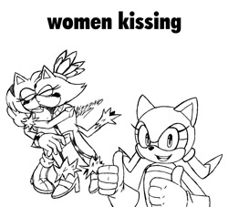 Size: 1042x947 | Tagged: safe, artist:bissdraws9052, amy rose, blaze the cat, marine the raccoon, cat, hedgehog, raccoon, 2023, alternate version, amy x blaze, amy's halterneck dress, blaze's tailcoat, blushing, cute, eyes closed, female, females only, kiss, lesbian, looking at viewer, shipping, sketch, thumbs up