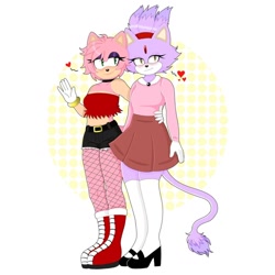Size: 1080x1080 | Tagged: safe, artist:nursemeww, amy rose, blaze the cat, cat, hedgehog, 2020, amy x blaze, cute, female, females only, hand on hip, hearts, lesbian, looking at viewer, shipping