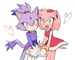 Size: 1154x914 | Tagged: safe, artist:mo0n_friend, amy rose, blaze the cat, cat, hedgehog, 2023, amy x blaze, amy's halterneck dress, blaze's tailcoat, blushing, cute, female, females only, hearts, holding hands, lesbian, looking at viewer, mouth open, shipping