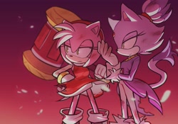 Size: 2699x1885 | Tagged: safe, artist:unneul_s2, amy rose, blaze the cat, cat, hedgehog, 2023, amy x blaze, amy's halterneck dress, blaze's tailcoat, female, females only, lesbian, looking at them, piko piko hammer, scratch (injury), shipping, torn clothes