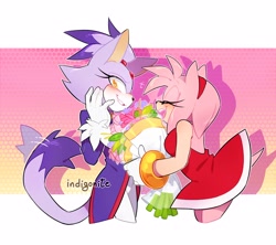 Size: 3600x3200 | Tagged: safe, artist:indigonite0, amy rose, blaze the cat, cat, hedgehog, 2019, amy x blaze, amy's halterneck dress, blaze's tailcoat, blushing, cute, eyes closed, female, females only, flowers, lesbian, mouth open, shipping