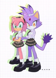 Size: 1503x2063 | Tagged: safe, artist:kiironoinku, amy rose, blaze the cat, cat, hedgehog, 2023, amy x blaze, blushing, cute, female, females only, hands on back, lesbian, looking at viewer, schoolgirl outfit, shipping