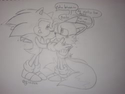 Size: 2048x1542 | Tagged: safe, artist:giaoux, miles "tails" prower, sonic the hedgehog, 2023, blushing, comforting, cute, dialogue, duo, floppy ears, frown, gay, holding them, looking at each other, pencilwork, shipping, signature, smile, sonic x tails, spanish text, speech bubble, standing, tears, traditional media