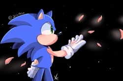 Size: 761x500 | Tagged: safe, artist:giaoux, sonic the hedgehog, 2023, black background, blushing, looking offscreen, petals, signature, simple background, solo, standing