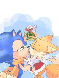Size: 768x1024 | Tagged: safe, artist:giaoux, miles "tails" prower, sonic the hedgehog, 2023, abstract background, blushing, christmas outfit, duo, eyes closed, floppy ears, gay, heart eyes, holding each other, holding something, jacket, kiss, lidded eyes, looking at them, mistletoe, saliva, scarf, shipping, signature, sloppy kissing, sonic x tails, standing, sweatdrop, tears, tongue out