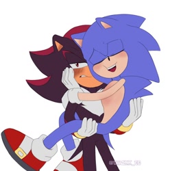Size: 1164x1172 | Tagged: safe, artist:chaoxx_cg, shadow the hedgehog, sonic the hedgehog, 2023, blushing, carrying them, clenched teeth, duo, eyes closed, frown, gay, mouth open, shadow x sonic, shipping, signature, simple background, smile, standing, white background