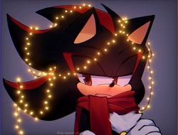 Size: 2022x1537 | Tagged: safe, artist:kazuna_endi, shadow the hedgehog, 2023, arms folded, christmas lights, frown, lidded eyes, looking down, scarf, solo