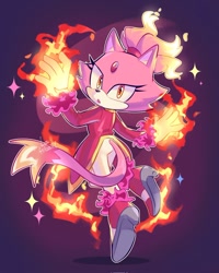 Size: 850x1063 | Tagged: safe, artist:sonicistebest, blaze the cat, 2023, :o, abstract background, fire, flame, looking back at viewer, mouth open, outline, solo, sparkles