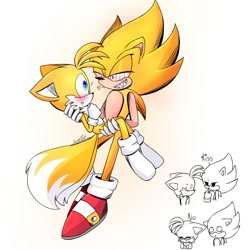 Size: 1280x1280 | Tagged: safe, artist:nekitogame67025, miles "tails" prower, sonic the hedgehog, 2023, :o, blushing, carrying them, dialogue, duo, english text, fleetway super sonic, floppy ears, gay, heart, lidded eyes, looking at each other, shipping, signature, sonic x tails, super form