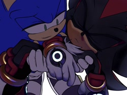 Size: 1550x1162 | Tagged: safe, artist:m_1k4ng, shadow the hedgehog, sonic the hedgehog, 2023, carrying them, clenched teeth, duo, eyes closed, gay, lidded eyes, shadow x sonic, shipping, simple background, smile, unconscious, white background