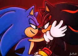Size: 1000x720 | Tagged: safe, artist:just_nicki_, shadow the hedgehog, sonic the hedgehog, 2023, duo, gay, gradient background, hands on another's head, lidded eyes, looking at each other, shadow x sonic, shipping, signature, smile
