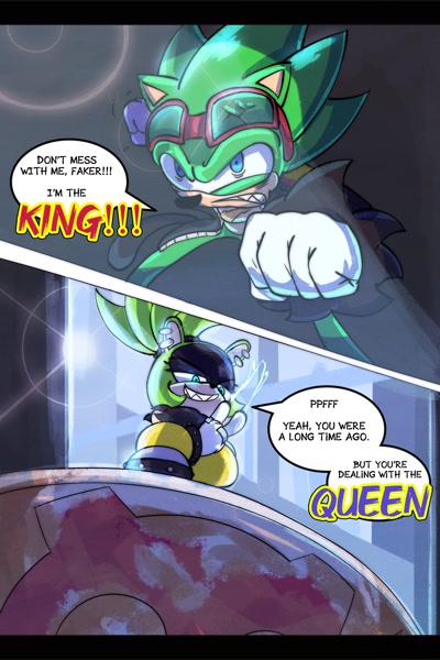 Size: 2730x4096 | Tagged: safe, artist:rblueberg, scourge the hedgehog, surge the tenrec, dialogue, eggman empire logo, electricity, featured image, this will end in a boss fight