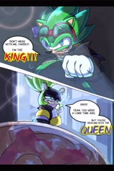 Size: 2730x4096 | Tagged: safe, artist:rblueberg, scourge the hedgehog, surge the tenrec, dialogue, eggman empire logo, electricity, this will end in a boss fight
