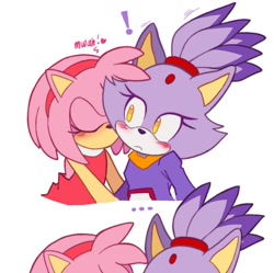 Size: 1080x1074 | Tagged: safe, artist:toondipz, amy rose, blaze the cat, cat, hedgehog, ..., 2023, amy x blaze, amy's halterneck dress, blaze's tailcoat, cute, exclamation mark, eyes closed, female, females only, kiss on cheek, lesbian, shipping